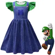 Kids Girls Princess super Mario Cosplay Party Costume Dress Gifts,Denim Green - 4-5 Years