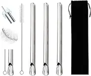 Extra Wide Reusable Stainless Steel Boba Drinking Straws Spoon Grease Straws Smoothie/Bubble Tea/Milkshake Straws with Cleaning Brush for Carry Bag 12 mm/0.5 Inch Wide (Set of 3, Silver)