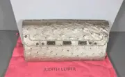 JUDITH LEIBER PLATINUM GOLD OSTRICH CONTINENTAL CLUTCH WALLET BILLFOLD NEW BOX