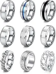 [Kakonia] 9 Pcs Silver Men Rings Stainless Steel Matte Finish Polished Band Rings Chain Rings Bottle Opener Rings Wedding Band Engagement Promise Thumb Rings Vintage Fidget Ring