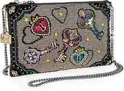 [MARY FRANCES] Unlocked Magic BeadedKeys & Heart Locks Mini Crossbody Clutch Handbag, Pewter, Pewter, Free Size