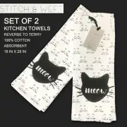 SET OF 2 New STITCH & WEFT Reverse Cotton Terry Kitchen Towels Meow Cats