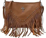 [Generic] Women PU Studded Tassel Shoulder Bag Large Capacity Fashionable Crossbody Bag Vintage Small Handbag for Outdoor Travel