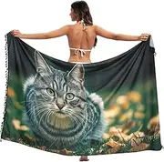 [RPLIFE] Grey Cat Autumn Grass Sarong Swimsuit Cover Up, Summer Long Plus Size Sarong, Large, Grey Cat Autumn Grass, Medium