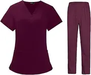 [ａ aternee] Women Scrubs Set Work Uniforms Red Workwear V Neck Top Nursing Work Clothing Top and Pants Scrub Kit for Female Sturdy