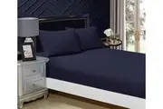 Super Soft Super King Size Bed Fitted Sheet & 2 Pillowcases Set Midnight Blue