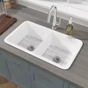 HOMLYLINK Undermount Kitchen Sink Double Bowl Gloss Heat Resistant in White