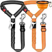Dog car seat Belt, 2 Packs Dog car seat Belt Adjustable Elastic Bungee Cushion, 2 in 1 pet car Leash headrest Restraint Dog Reflective Safety Rope-(Black+Orange,complimentary 1 Folding Dog Bowl)