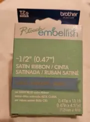 P-touch Embellish 1/2" Satin Ribbon Light Blue w/ Gold Print 4.37 yd, 13.1 ft