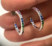 Multicolour rainbow hoop earrings, solid Sterling Silver, Cubic zirconia. New.