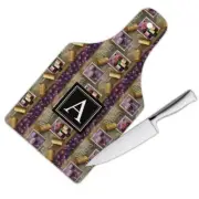 Gift Cutting Board : Wine Bottles Glasses Corks Grapes Watercolor Retro Pattern