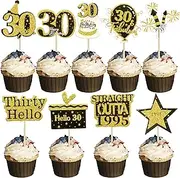 Gyufise 36Pcs Happy 30th Birthday Cupcake Toppers Glitter Black Gold Thirty Hello 30 Straight Outta 1995 Cupcake Picks Cheers to 30 Years 30 Fabulous Cake Decorations for 30th Birthday Party Supplies