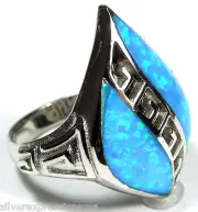 Unique Blue Fire Opal Inlay Solid 925 Sterling Silver Ring size 6, 8
