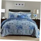 Cotton Bedspread Quilt Sets-Reversible Patchwork Queen Blue Classic Bohemian