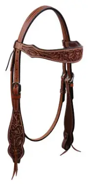 Western Brown Leather Hand Carved Browband Style Headstall with Ties