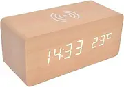 Clock Radios For Bedroom, Digital Alarm Clock with Wireless Charging Wooden Alarm Clock Wood Alarm Clock Automatic Temperature Detection LED Electronic Clock for Bedroom, Office