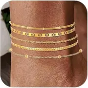 [KSF] Gold Anklets for Women Waterproof - 18k Gold Plated Ankle Bracelets for Women, 5PCS Anklet Set Cuban Herringbone Figaro Link Chain Anklets for Women Summer Beach Jewelry Gift Adjustable Size