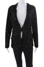 Flora Ashley Womens Sequined Single Button Blazer Jacket Black Size Small