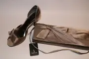 Pirre Fontaine heels with matching sati handbag Taupe Satin Light Garnet Colour