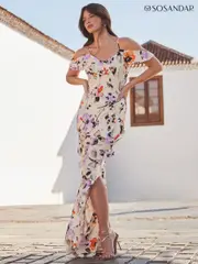 Sosandar Cream Cold Shoulder Ruffle Maxi Dress (N78635) | $228