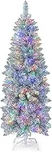 Costway 150CM Pre-lit Artificial Christmas Tree, Hinged Holiday Decoration Pencil Tree with 343 Branch Tips, 190 Multi-Color LED Lights, Foldable Metal Stand, Fake Xmas Tree for Home Office Party