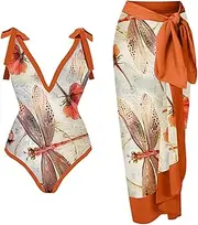 Women One Piece Swimsuit with Skirt Orange Print Female Retro Swimwear Holiday Beach Dress