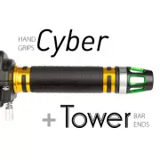 KiWAV Motorcycle Cyber Grips Gold with Tower Bar Ends Green/Silver