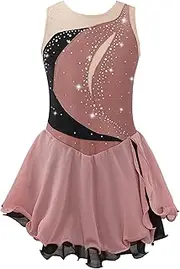 [Aislor] Kids Girls Sleeveless Figure Ice Skating Dress Mesh Patchwork Sequins Rhinestone Ballet Leotard Dress Dancewear