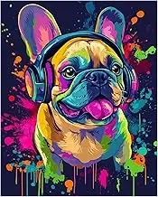 Bulldog with Headphones Paint by Number Kits for Adults, Funny Animals Paint by Numbers for Beginners, Dog with Colorful Paint Acrylic Paints Oil Painting for Home Decor(16×20inches, No Frame)