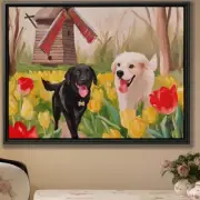 Whimsical Labrador Tulip Field Dog Portrait Canvas Wall Art Spring Floral Print