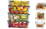 Stackable Wire Baskets, 4 Pack Pantry Baskets with Handles Metal Storage Black
