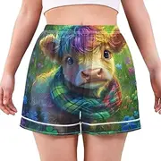 [RPLIFE] Cute Highland Cow Flowers Field Pajama Shorts, Cute Womens Lounge Shorts with Pockets, Ladies Summer Pajamas