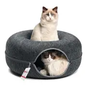 Qttie Cat Tunnel Bed Felt Pet Puppy Nest Cave House Round Donut Washable Detachable Dark Grey S