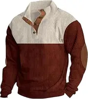 [Zylphorix] Men Corduroy Casual Stand Collar Sweater Quarter Button Pullover Print Sweatshirt Fall Long Sleeve Outdoors Shirts, Wine Red White, XX-Large
