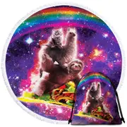 Cool Funny Crazy Art Space Cat Llama Sloth Riding Taco Round Beach Towel