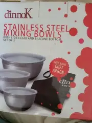 Dinnok 3 Stainless Steel Bowls 1/2Qt,3Qt,5Qt w/lids &Apron,Freezer Safe