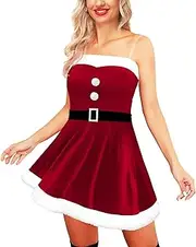 [AOBUTE] Christmas Women Off the Shoulder Mini Dress Santa Costume with Clear Bra Strap