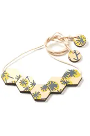 Wooden Screen Printed Wattle Beaded Necklace--POL-NBSWWT