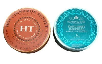 Lot 2 Harney & Sons Hot Cinnamon & Earl Grey Imperial 10 Tea Sachets To-go Tins