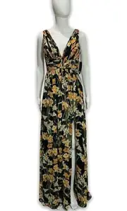 Aidan Mattox Maxi Dress NWT Black Peach Sz 0 V-neck Pleated Fully Lined Slit