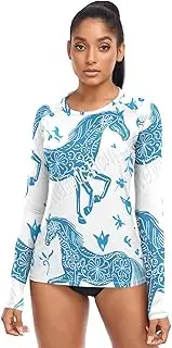 [RPLIFE] Horses Floral Elements Womens Long Sleeve Rash Guard Swim Top, Summer Modest Clothing