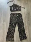NWT House of Harlow 1960 2 Piece Sequin Set Halter Crop Top & Pants Black Size M