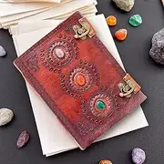 Vintage Leather Journal with Gemstone Embellishments, Metal Clasps, 13x18cm, Handmade Notebook