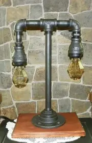 Handcrafted Steampunk style Industrial Pipe Table lamp with edison gem bulbs
