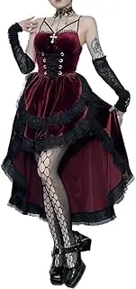 [XKBHYD] Womens Gothic Black Dress Steam Punk Sleeveless Dresses Velvet Lace Patchwork Halter Dress