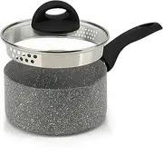 [RELICE] Nonstick Saucepan 1.6 Quart with Strainer Glass Lid Small Multipurpose Pasta Pot Stay-Cool Handle Kitchen Cookware for Soup Milk Noodle, Induction Comptable, PFOA Free 2025 New (16 cm) 1.5L