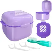 Retainer Case Denture Bath with Lid Removable Rinse Basket Finger Toothbrush Pur