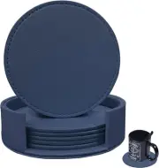 Coasters Set of 6 Soft Leather Drink Coaster Round Dark-blue,edged Sewn