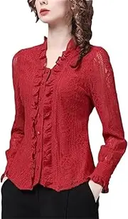 [Generic] Women Square Neck Ruffles Lace Shirt Spring Summer Hollow Out Office Blouses