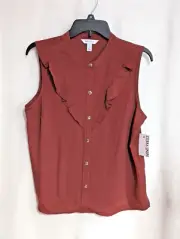 Nine West Women's Marsala Flwr Ruffle Collared Sleeveless Button Down Tank - M/L